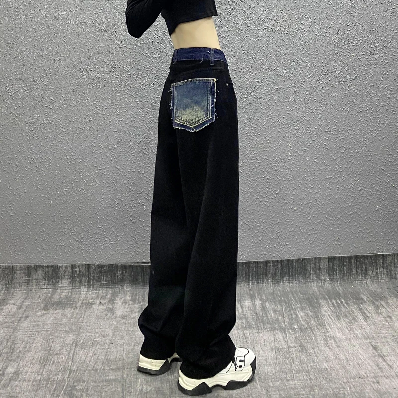 帅气拼色口袋黑色休闲牛仔裤女秋新款高腰宽松显瘦百搭直筒阔腿裤
