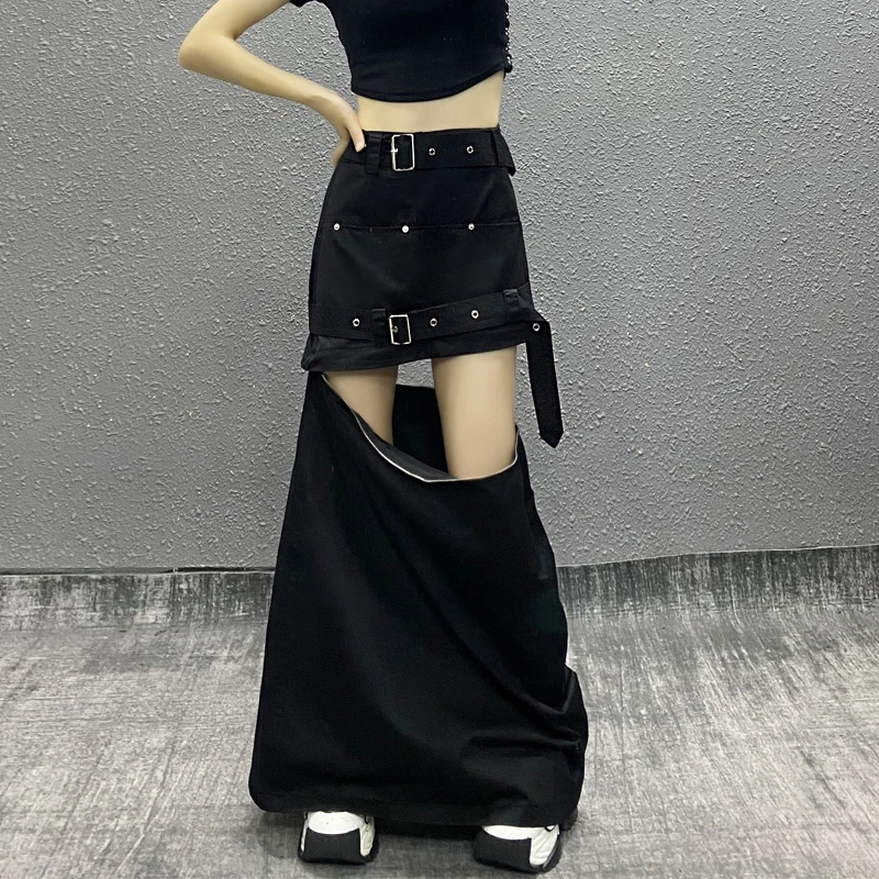 个性两穿设计拉链黑色短裙半身裙女夏新款时尚高腰显瘦百搭A字裙