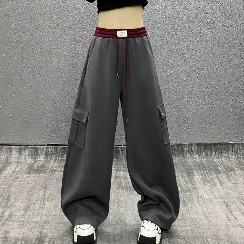 帅气拼色工装休闲弯刀裤女秋新款高腰宽松显瘦百搭阔腿香蕉运动裤