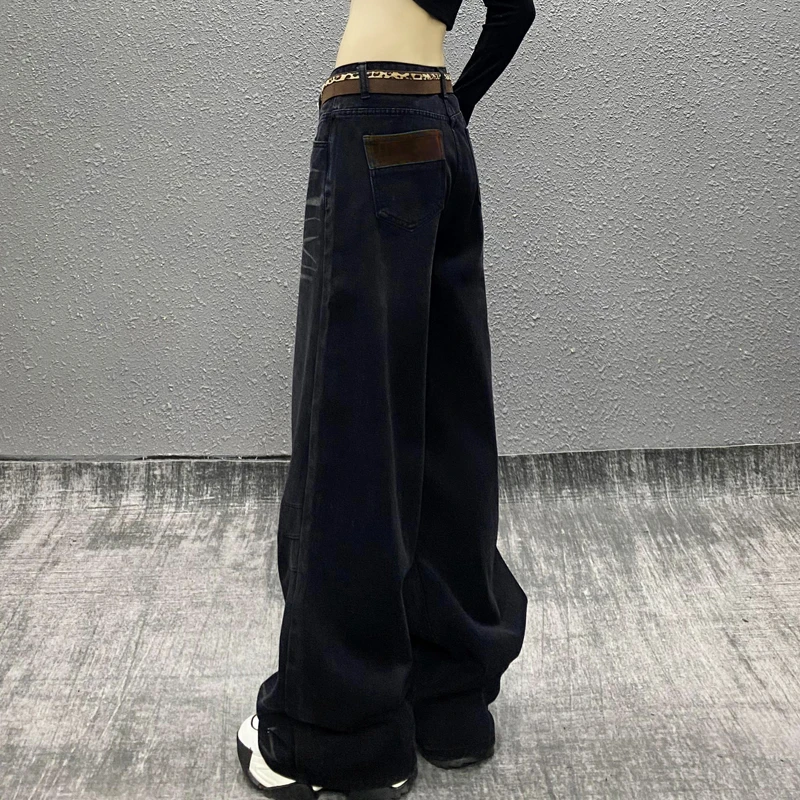 帅气拼接口袋设计加厚牛仔裤女秋新款高腰宽松显瘦百搭直筒阔腿裤