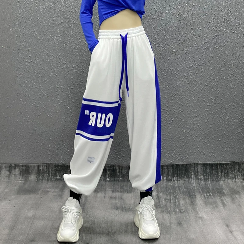 潮牌帅气拼色运动休闲裤女秋新款高腰宽松显瘦直筒百搭束脚卫裤子