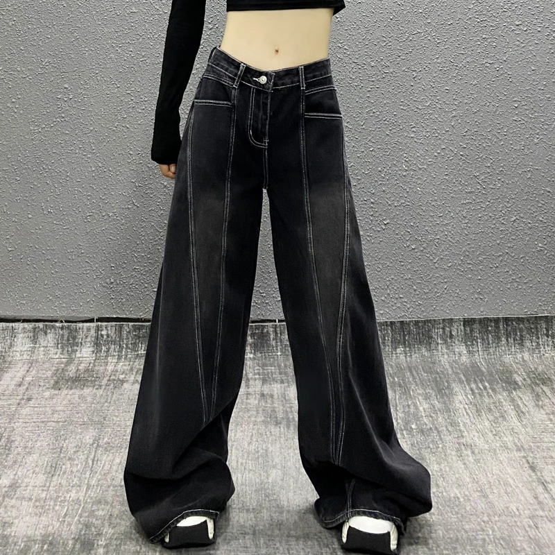 帅气明线拼接水洗牛仔裤女秋新款高腰宽松显瘦百搭直筒阔腿拖地裤