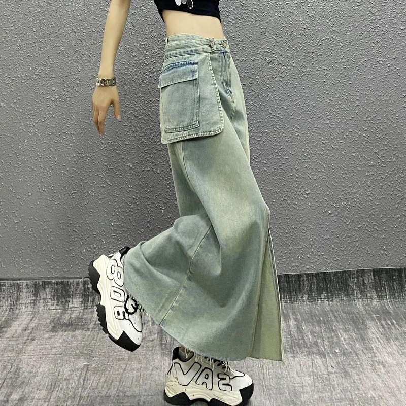 个性口袋开叉设计中长款牛仔裙女夏新款高腰宽松显瘦百搭A字裙子