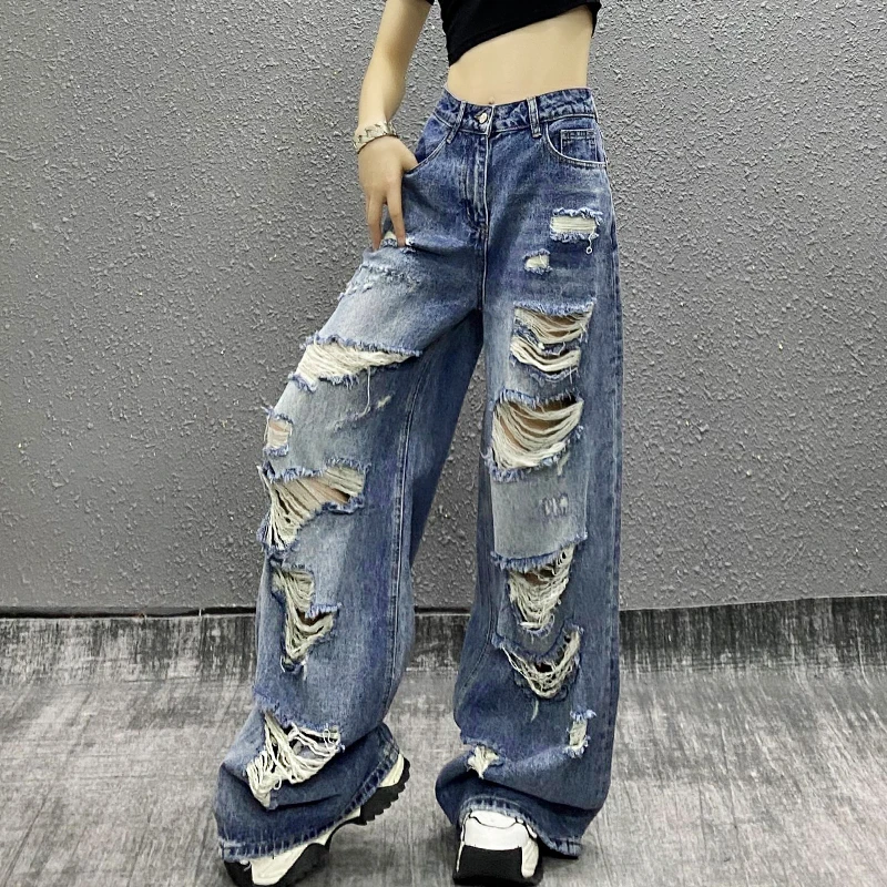 潮牌破洞水洗休闲牛仔裤女夏新款洋气高腰宽松显瘦百搭直筒阔腿裤