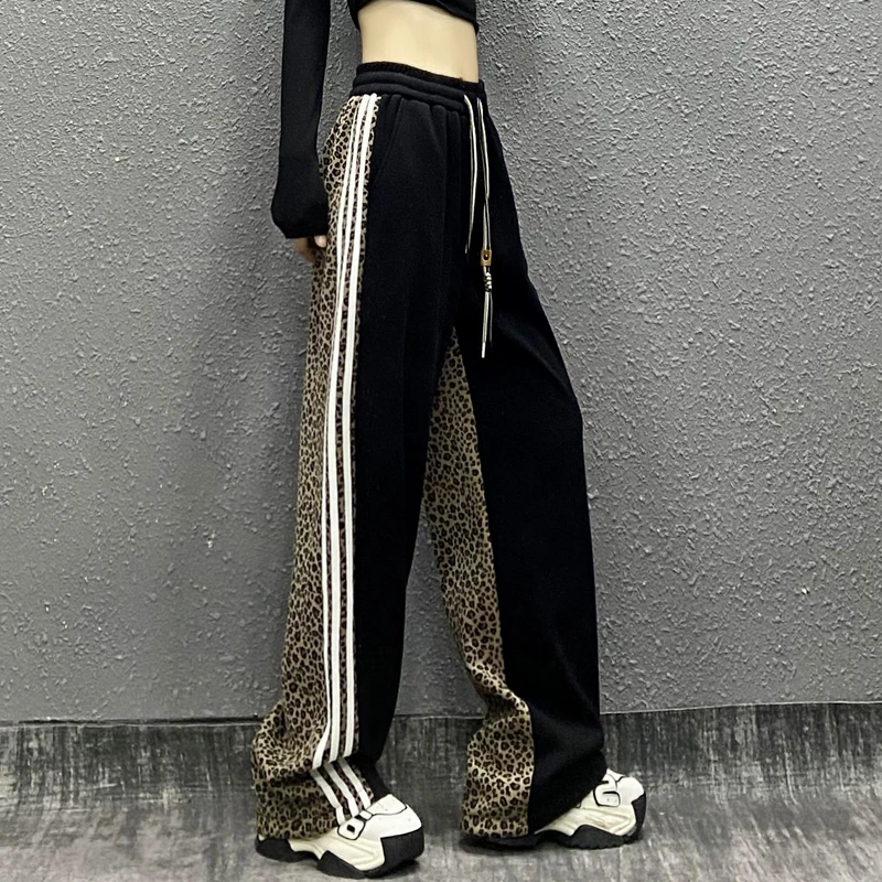 个性豹纹拼色垂感运动休闲裤女春新款高腰宽松显瘦百搭直筒阔腿裤