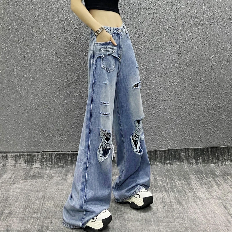 个性口袋设计破洞休闲牛仔裤女夏新款高腰宽松显瘦百搭直筒阔腿裤