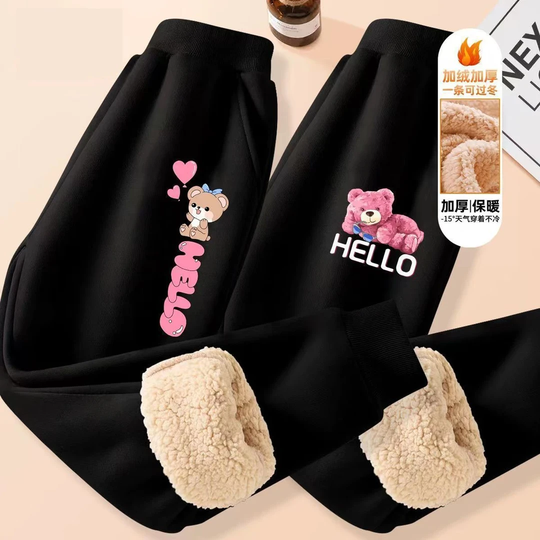 买一送一卡通女童加绒裤子秋冬款儿童羊羔绒运动裤中大童保暖长裤