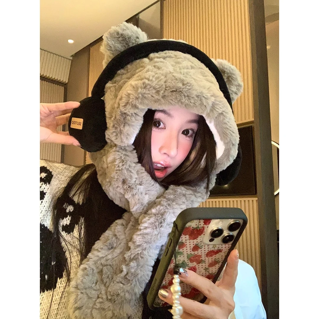 帽子围巾一体女可爱耳机小熊毛绒防风面罩秋冬季保暖护耳雷锋帽