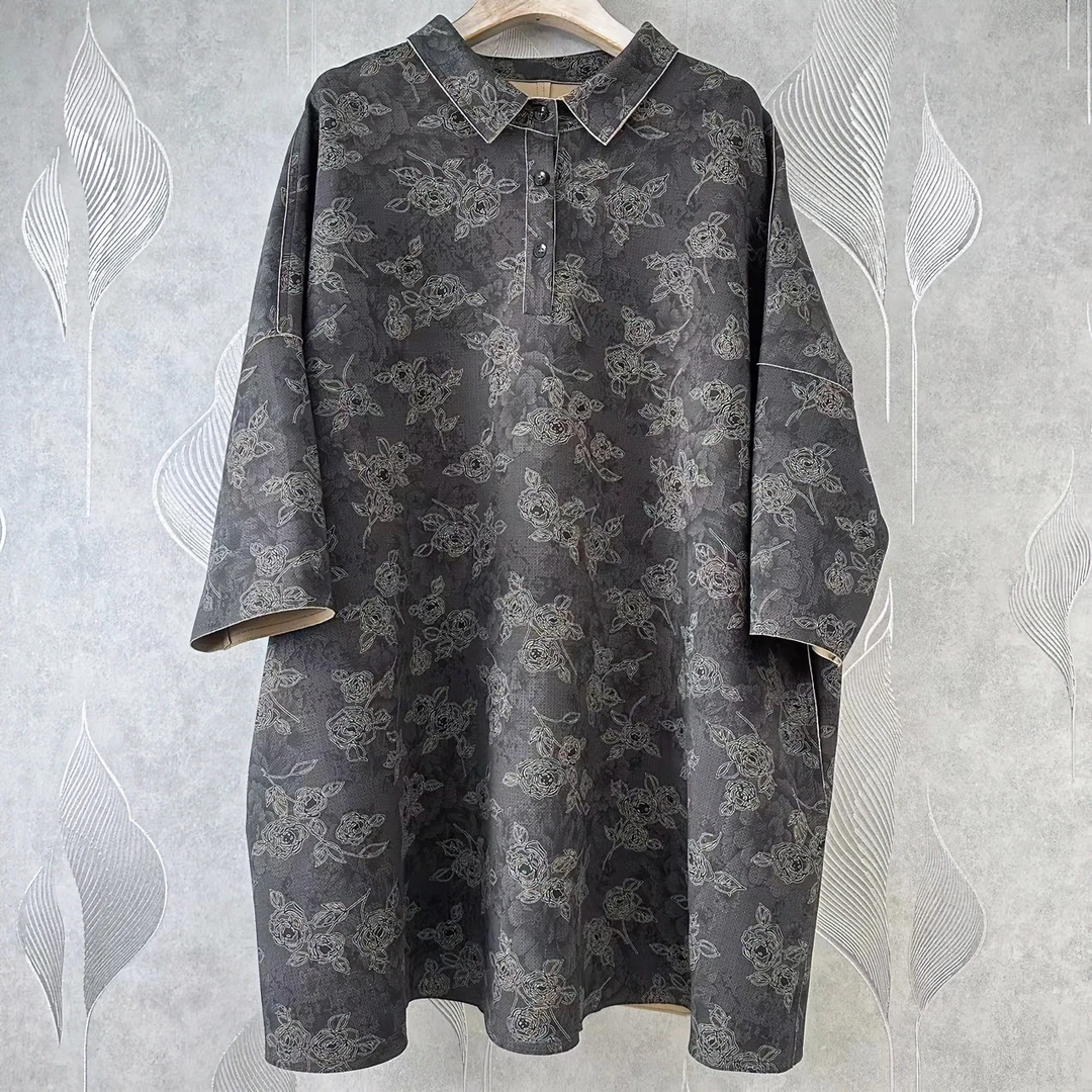 1803冬季新款时尚简约洋气印花百搭宽松气质女士翻领中长款衬衣