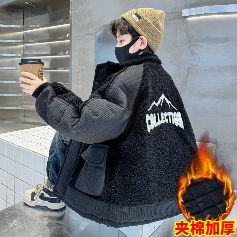 男童秋冬外套6-12岁潮款2024新款大童秋冬款加厚男孩羊羔绒毛毛衣