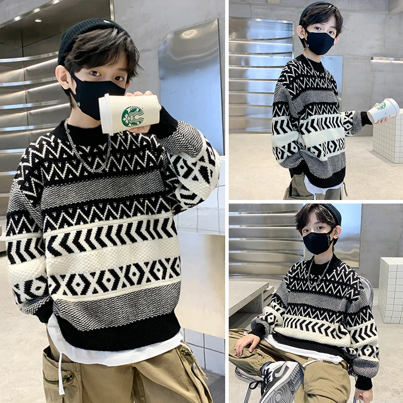 男童毛衣6-12岁加绒加厚保暖冬季2024新款中大童秋冬儿童针织衫潮