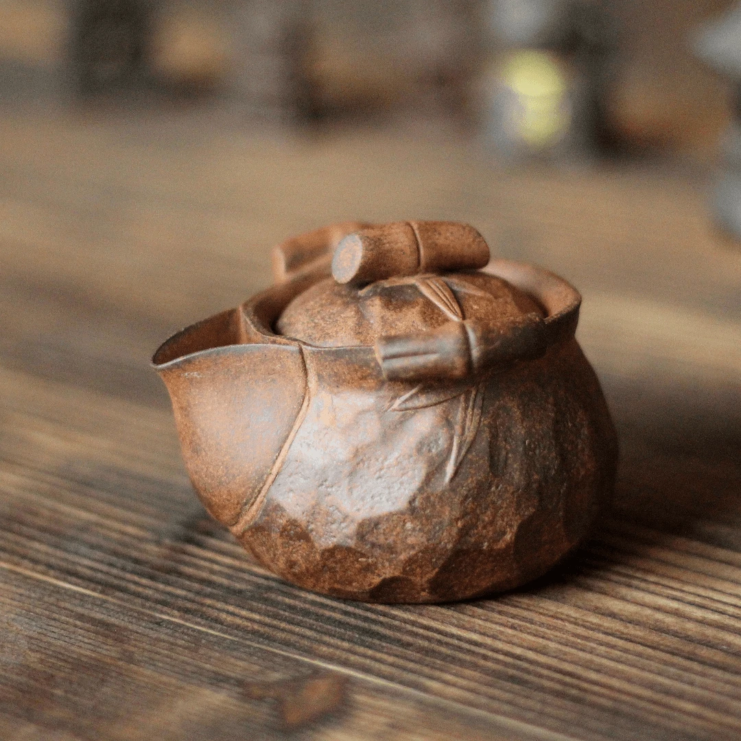 川冶.锤纹竹节手抓壶.3779.中式复古精工粗陶茶壶茶器紫砂老岩泥