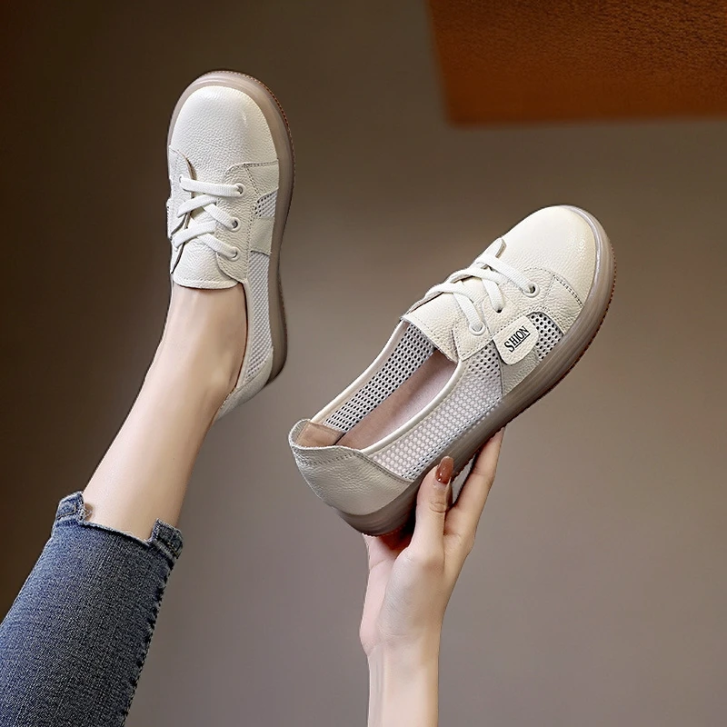 夏季小白鞋女薄款2025新款休闲妈妈女鞋软皮牛筋软底网鞋网面透气