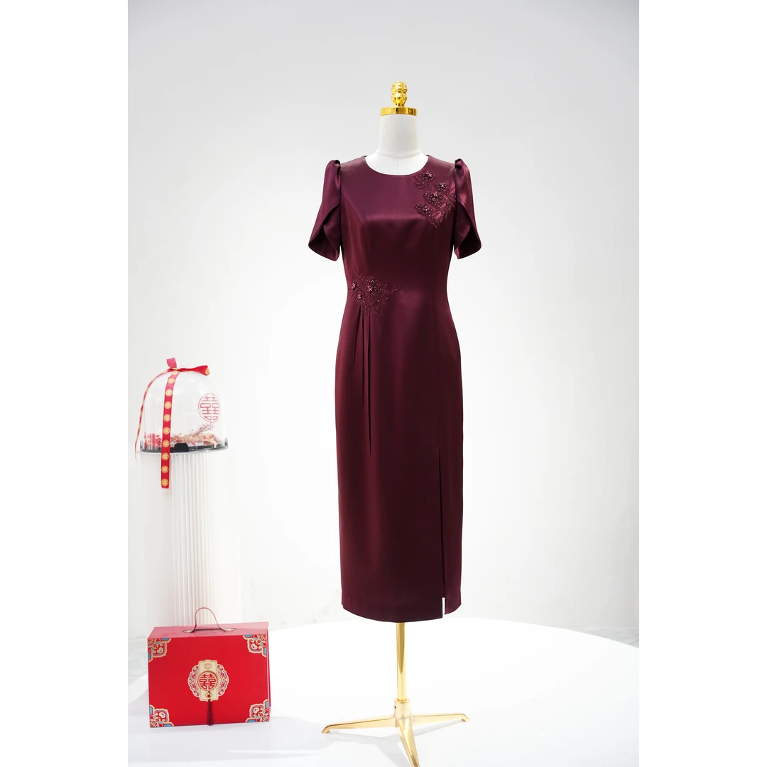 【良辰定制】喜妈妈喜婆婆婚宴礼服修身优雅气质收腰紫色直筒裙中式