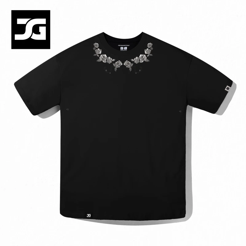 JG男装大码品牌【真维斯集团】潮牌半袖宽松领口玫瑰印花圆领短袖