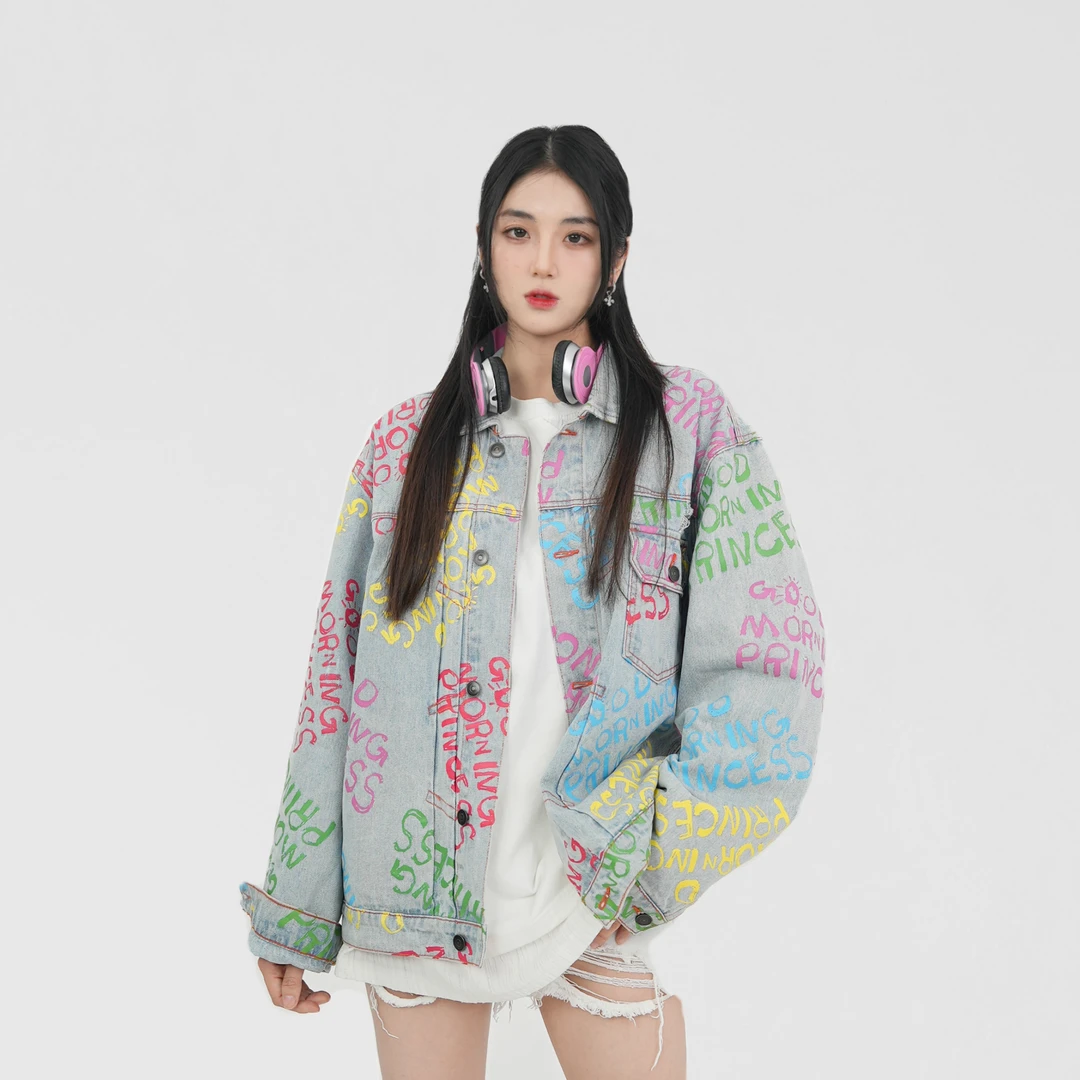 【涂鸦艺术家】潮牌春街头时尚休闲满印情侣宽松牛仔外套XMD4145134