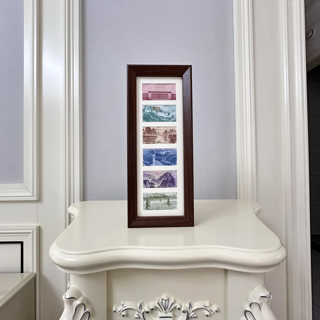 增运多金画框摆台六连框实木榫卯字画黑胡桃相框人民币装饰画