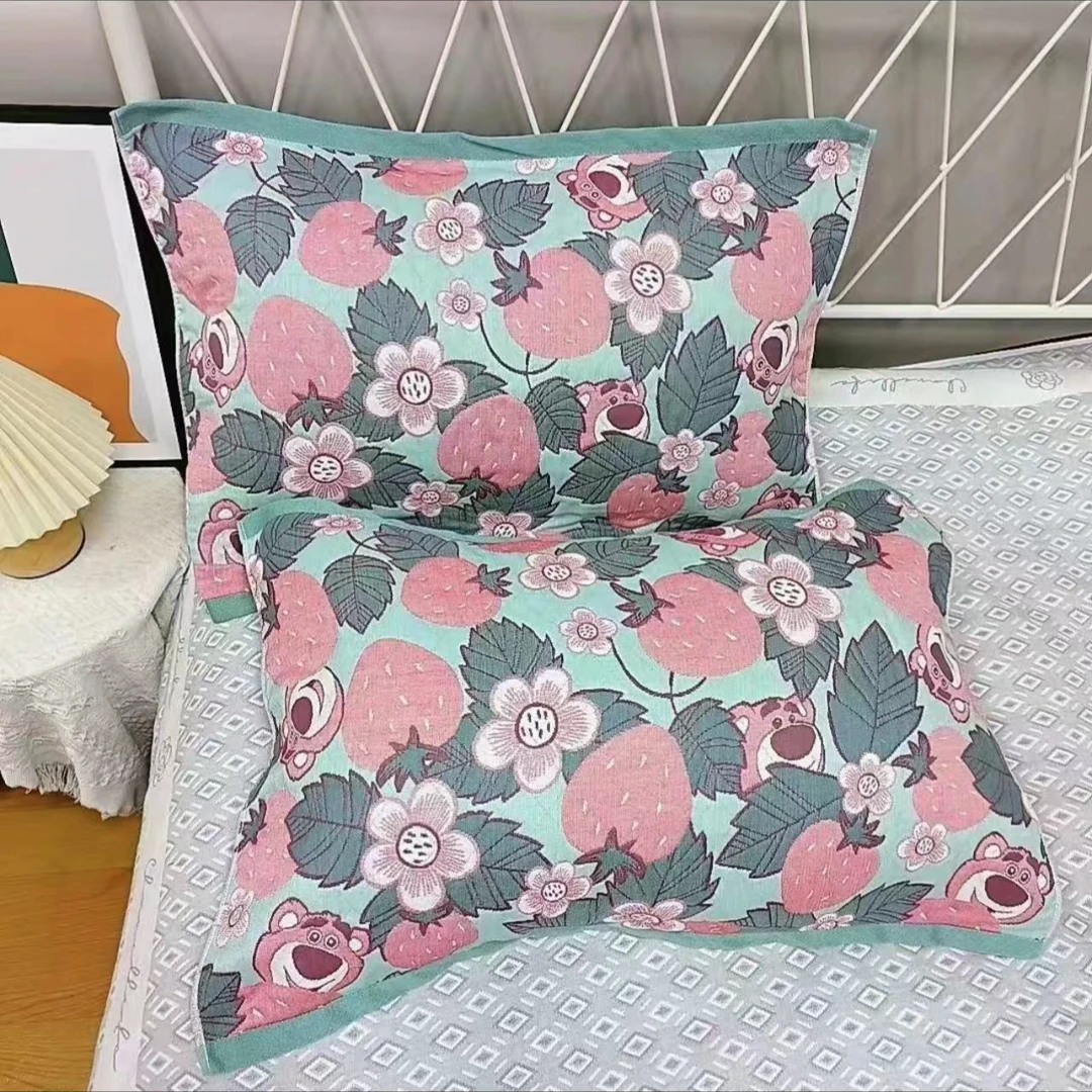 【北奈かわ会社】纯棉纱布透气加厚吸汗枕头巾 52*78 草莓熊头绿