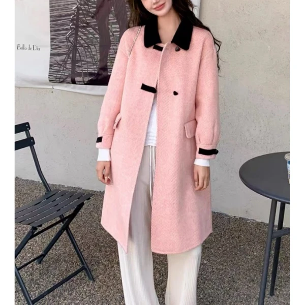 HSTYLE/韩都衣舍时尚羊毛大衣女韩版拼色慵懒风长款双面大衣25034