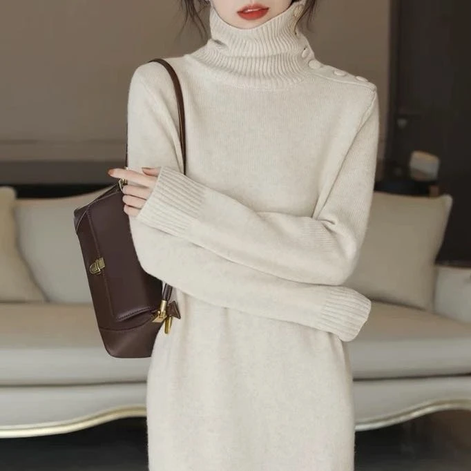 HSTYLE/韩都衣舍秋冬新款纯色设计感高领中长款打底毛衣裙45-19