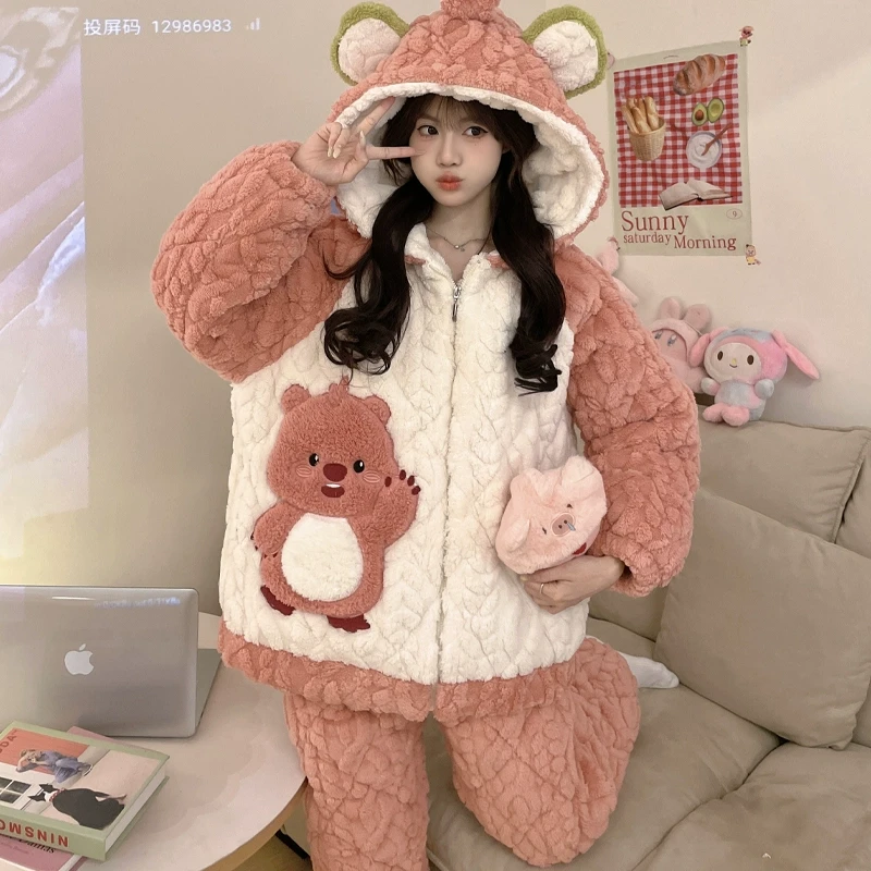 珊瑚绒夹棉睡衣女冬季加厚加绒法兰绒大码少女学生棉袄家居服套装