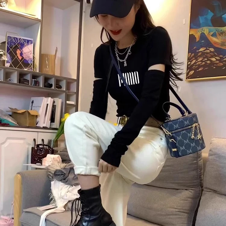 2024年新款秋冬黑色辣妹正肩短款上衣长袖t恤内搭打底衫女秋冬款