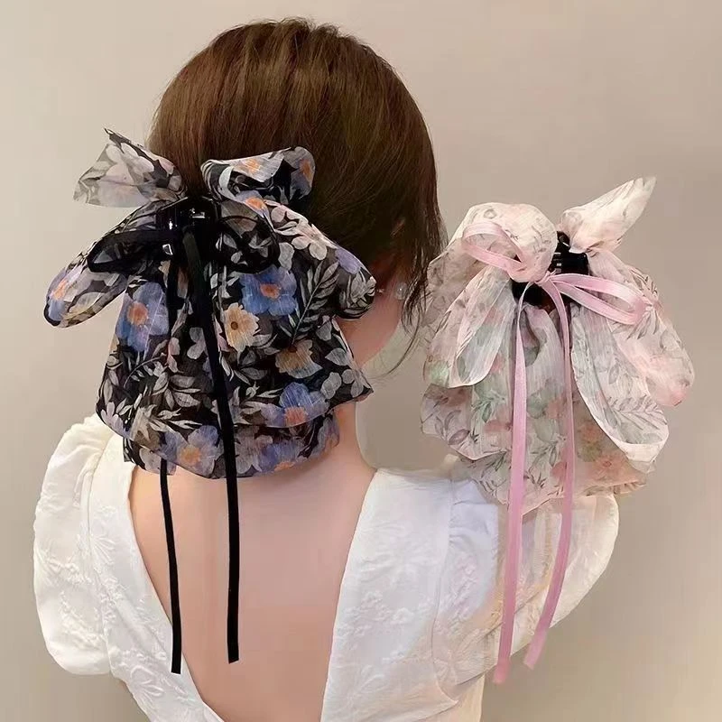 法式温柔超仙碎花大蝴蝶结飘带小抓夹高级感后脑勺盘发鲨鱼夹发饰