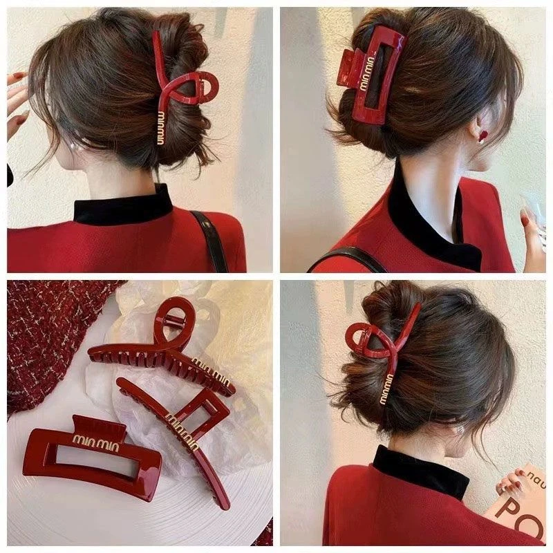 新年红色字母抓夹大号鲨鱼夹简约高级感后脑勺发夹女2024新款高端