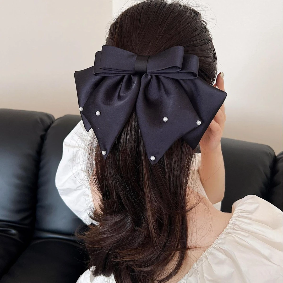 复古黑色缎面蝴蝶结发夹女弹簧夹韩版气质优雅发卡顶夹后脑勺发饰
