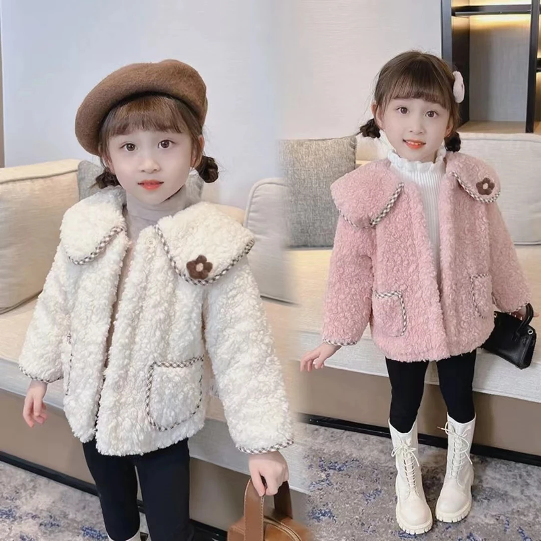 加绒女童外套儿童洋气小香风网红时尚秋冬宝宝毛绒翻领百搭上衣