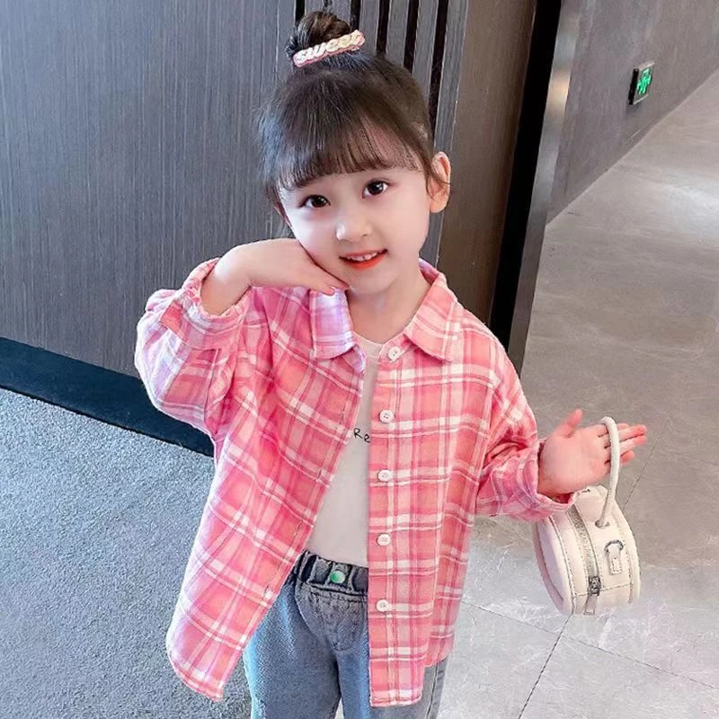 儿童格子衬衫新款女童春秋洋气休闲长袖女孩秋季百搭上衣女宝衬衣