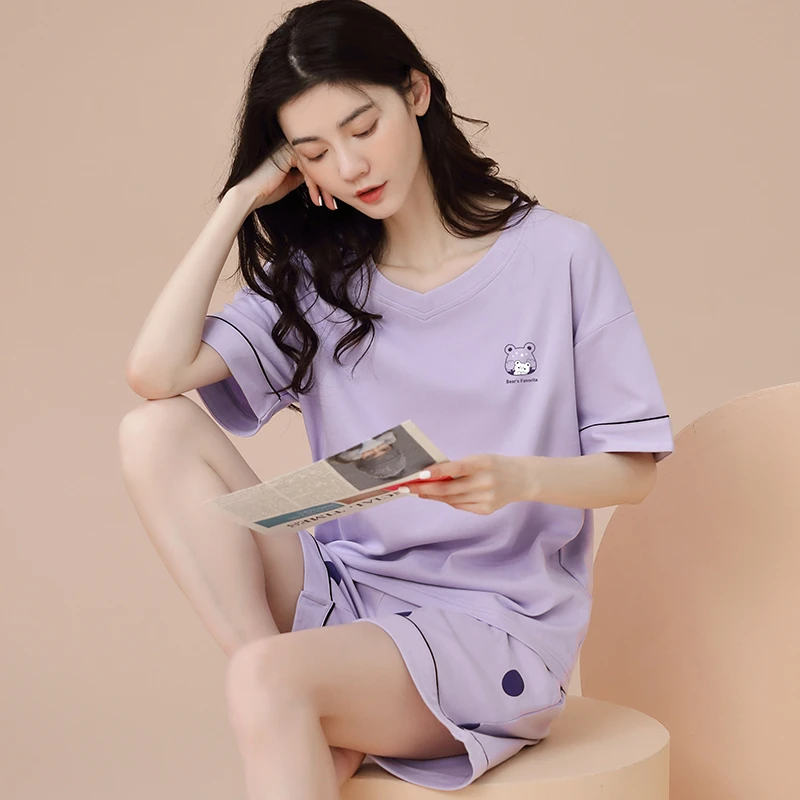 睡衣女纯棉爆款2024新夏季大码女士可外穿短袖高档妈妈家居服套装