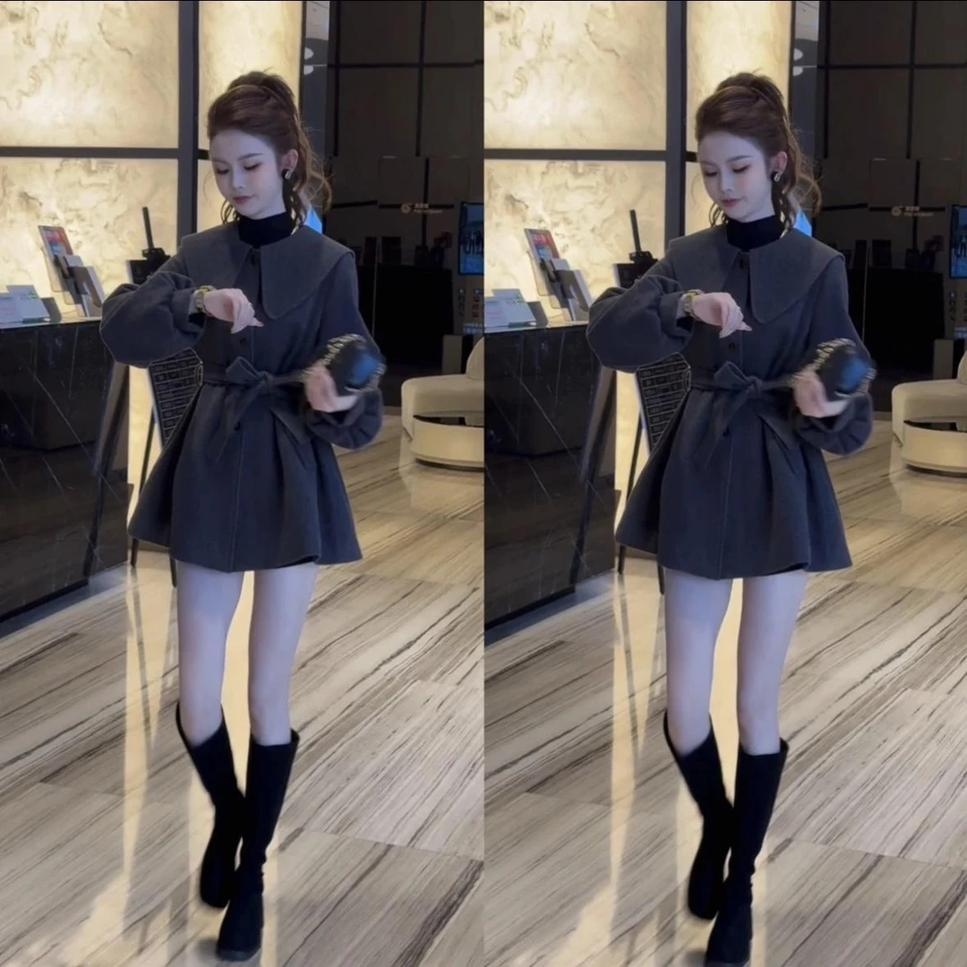 NANUILAB2024秋季韩版宽松娃娃领收腰翻领系带显瘦风衣毛呢外套