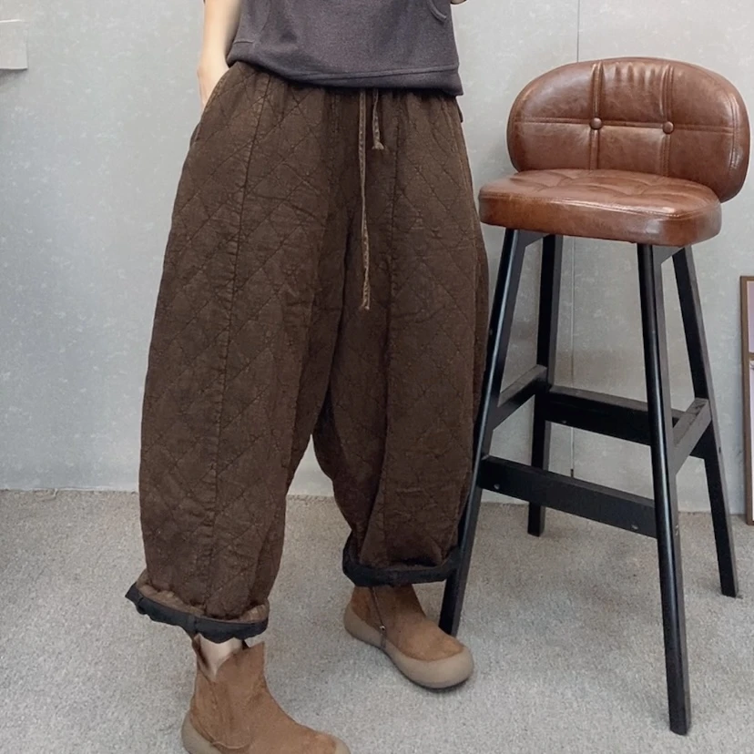 【云吖】冬款复古炒色菱形格行线加棉大版南瓜裤棉裤（裤长96）