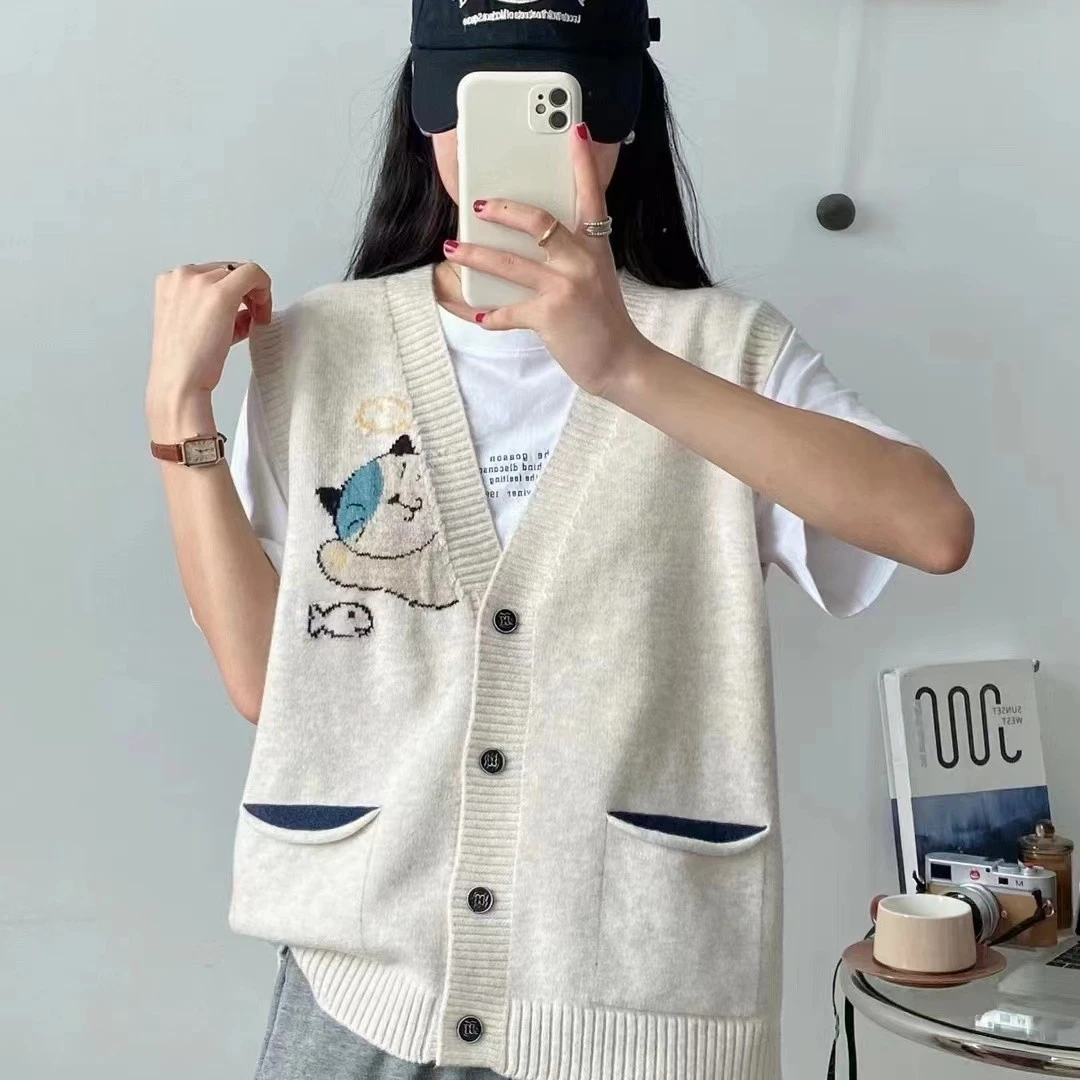 针织马甲女新款2025春款宽松设计感小猫开衫毛衣外搭马夹背心上衣