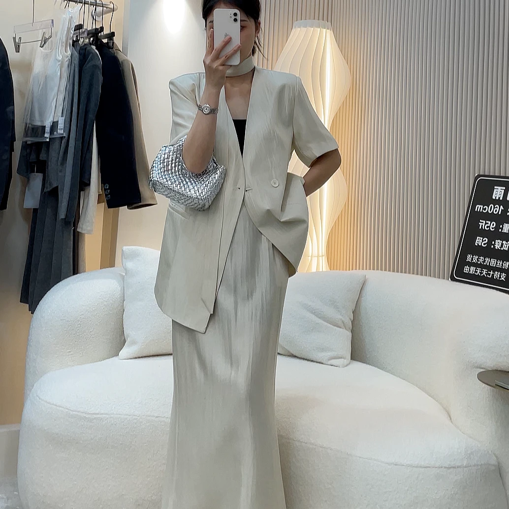 珠光纱外套女V领绑带时尚轻熟风顯瘦短袖西裝套裝