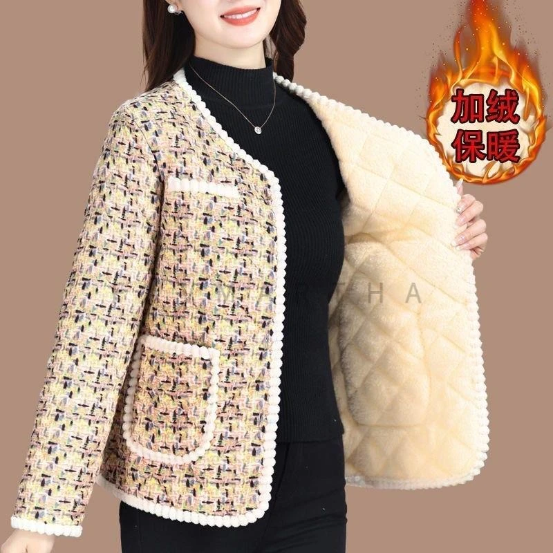 BASITU妈妈装夹棉小香风棉衣加绒外套冬新款中年人女保暖花棉袄棉