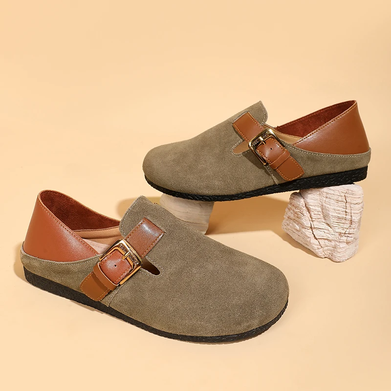 复古真皮单鞋女2024新款头层牛皮厚底宽头丁字扣小皮鞋夏季乐福鞋