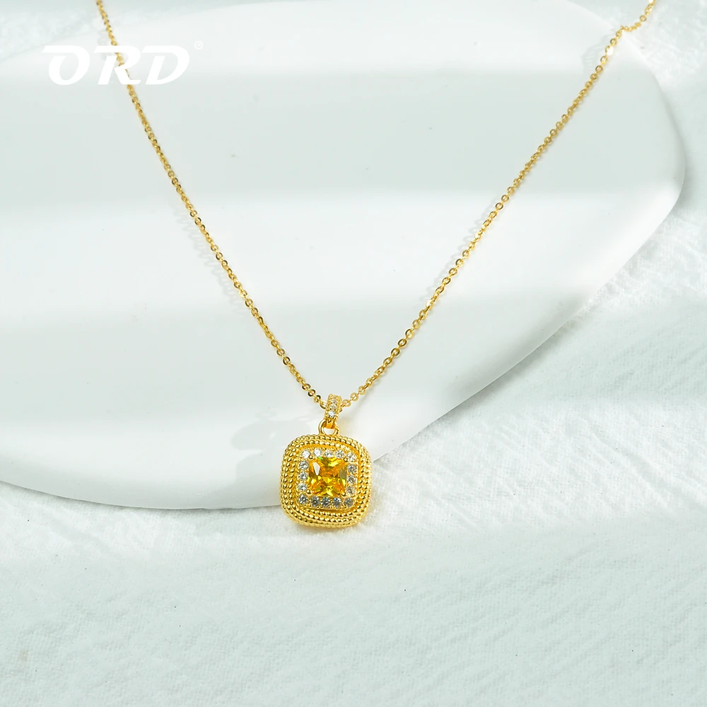 坠链均925银合成锆石 欧瑞德S925方糖镶嵌项链INS锁骨镀金黄锆