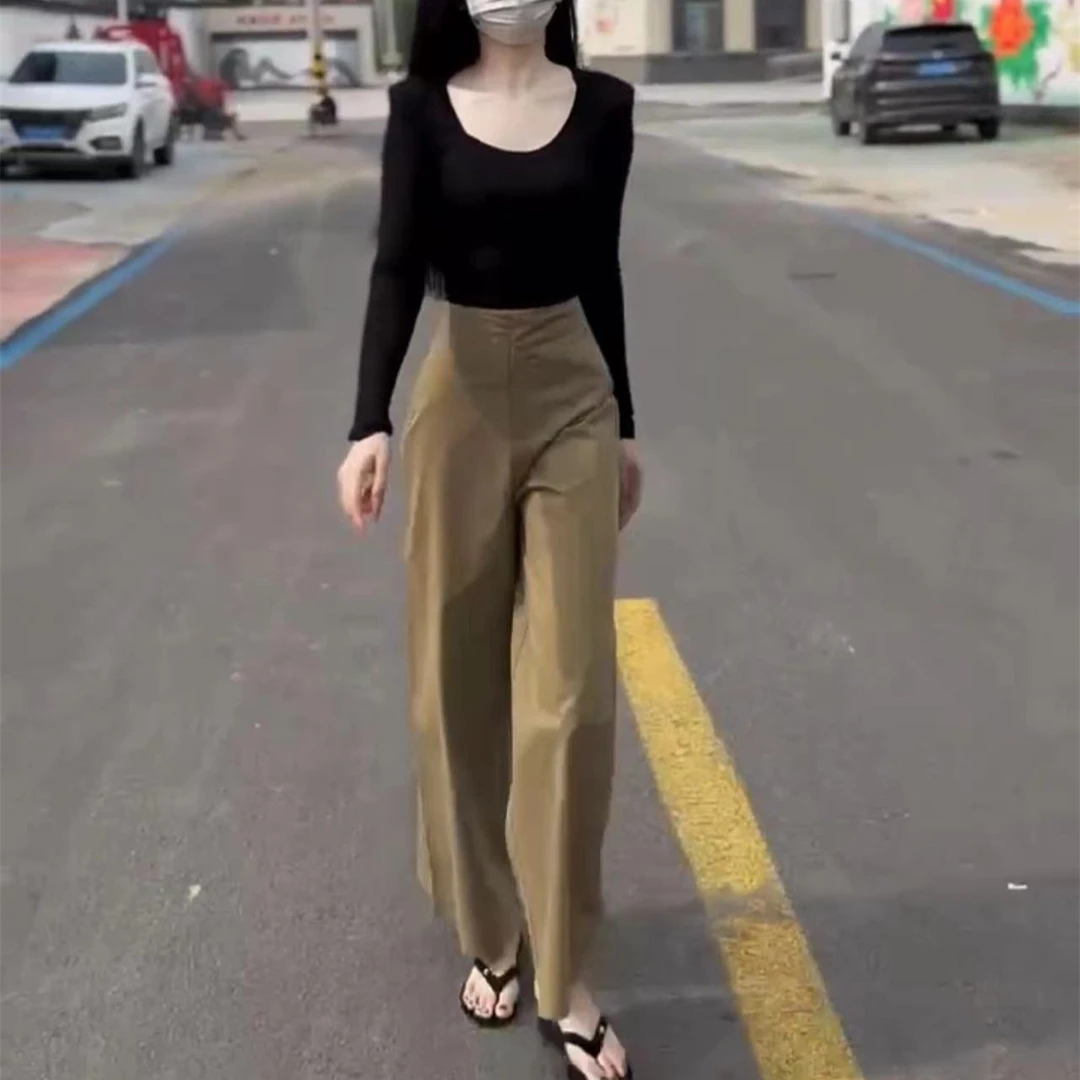 网红爆款秀2024早秋新款修身长袖黑色U领上衣高腰直筒裤女潮