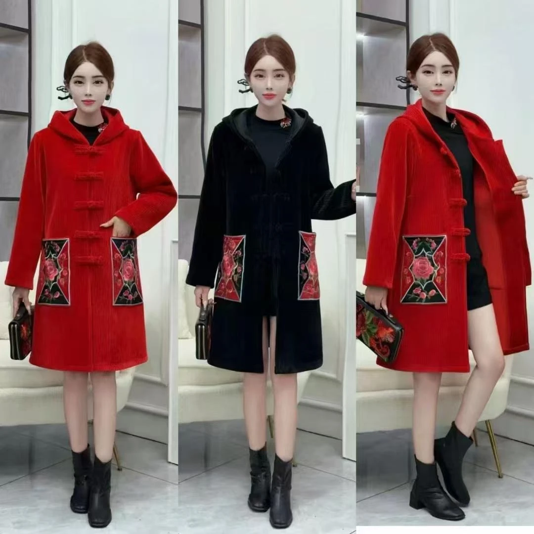 【玉花容】国风精工刺绣 雪尼尔加绒 挡风抗寒 带帽百搭时尚款外套