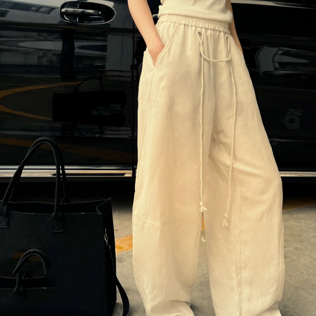 aiai 2024夏季新款高腰阔腿裤女夏季薄款宽松休闲垂感香蕉拖地裤