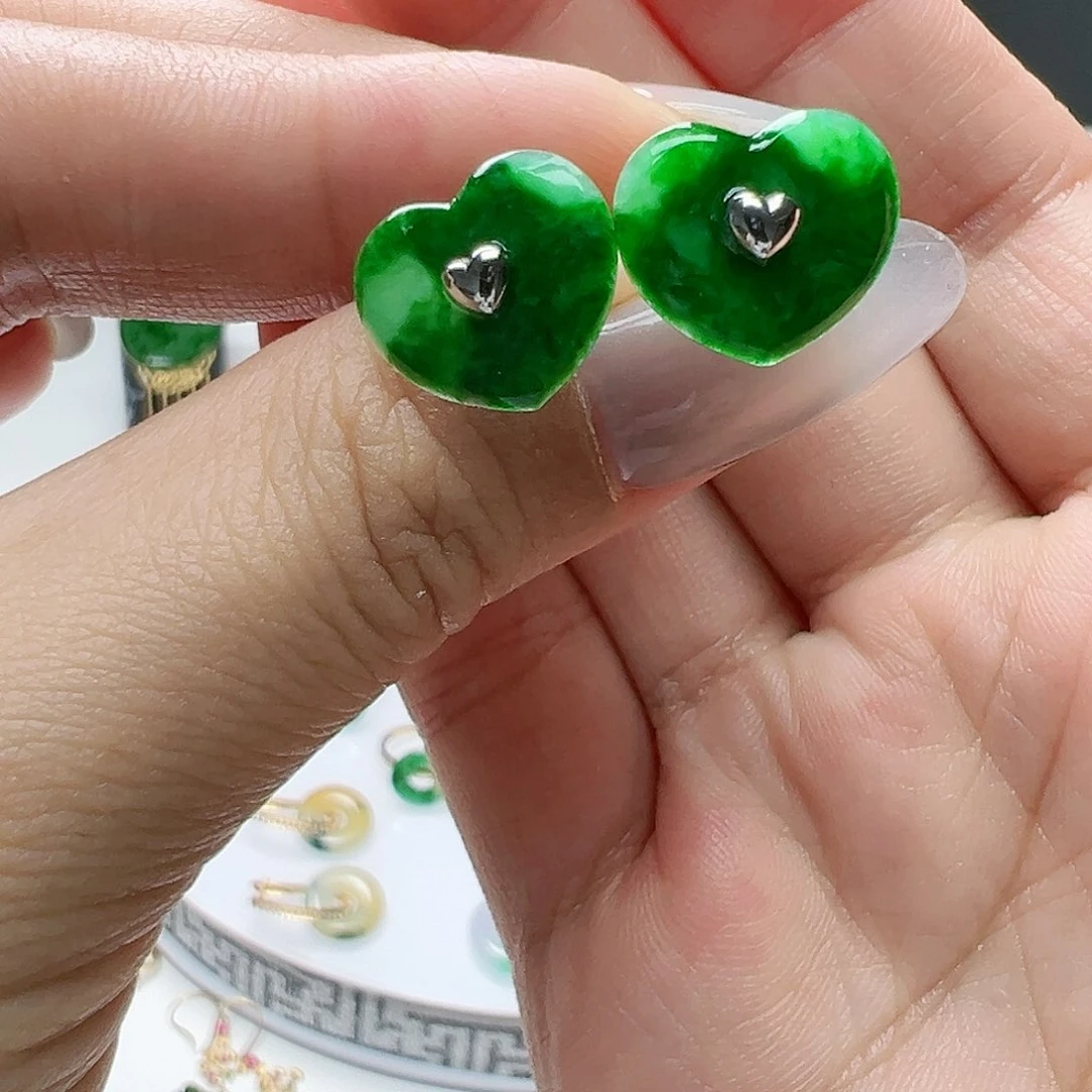 翡翠耳饰18K金镶嵌天然缅甸A货翡翠