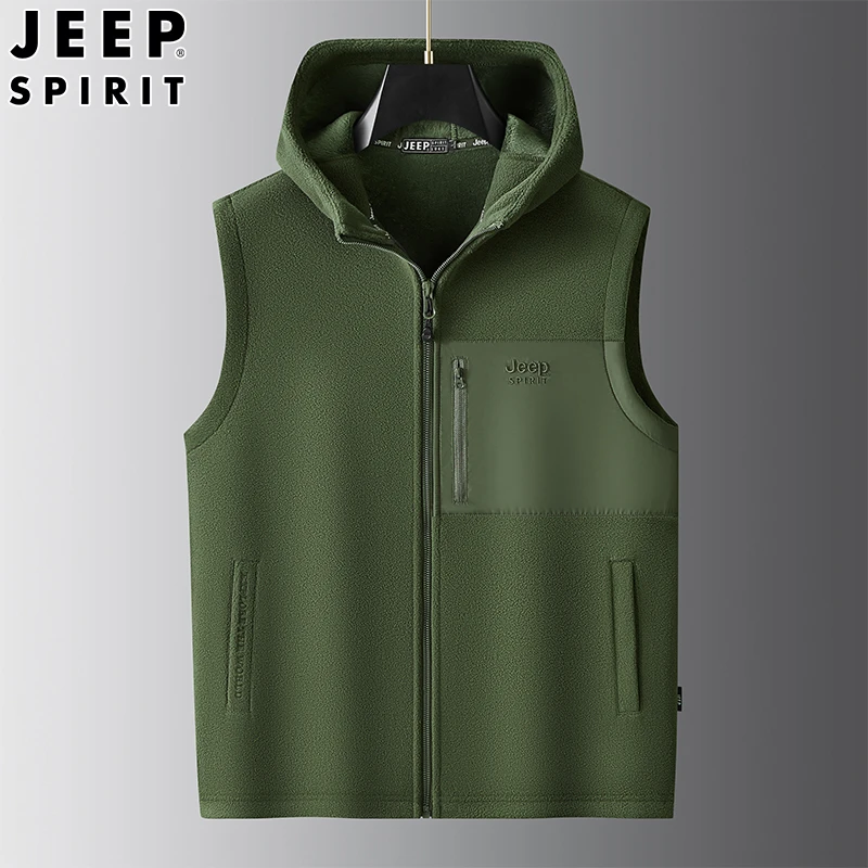 Jeep吉普摇粒绒连帽马甲男款户外运动抓绒马夹秋冬休闲双面绒背心