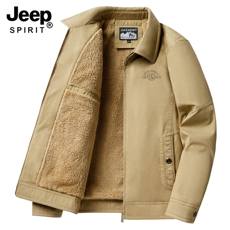JEEPSPIRIT2023秋冬季新款加绒加厚翻领夹克男士纯棉商务休闲外套