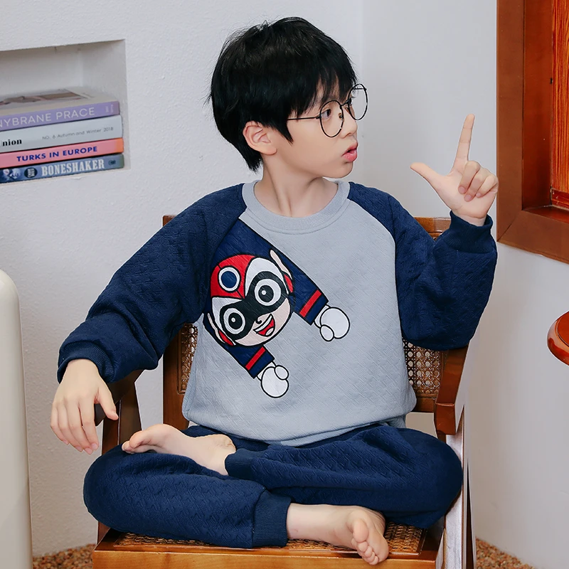 儿童睡衣男孩秋冬款2024新款宝宝中大男童三层夹棉加厚家居服套装