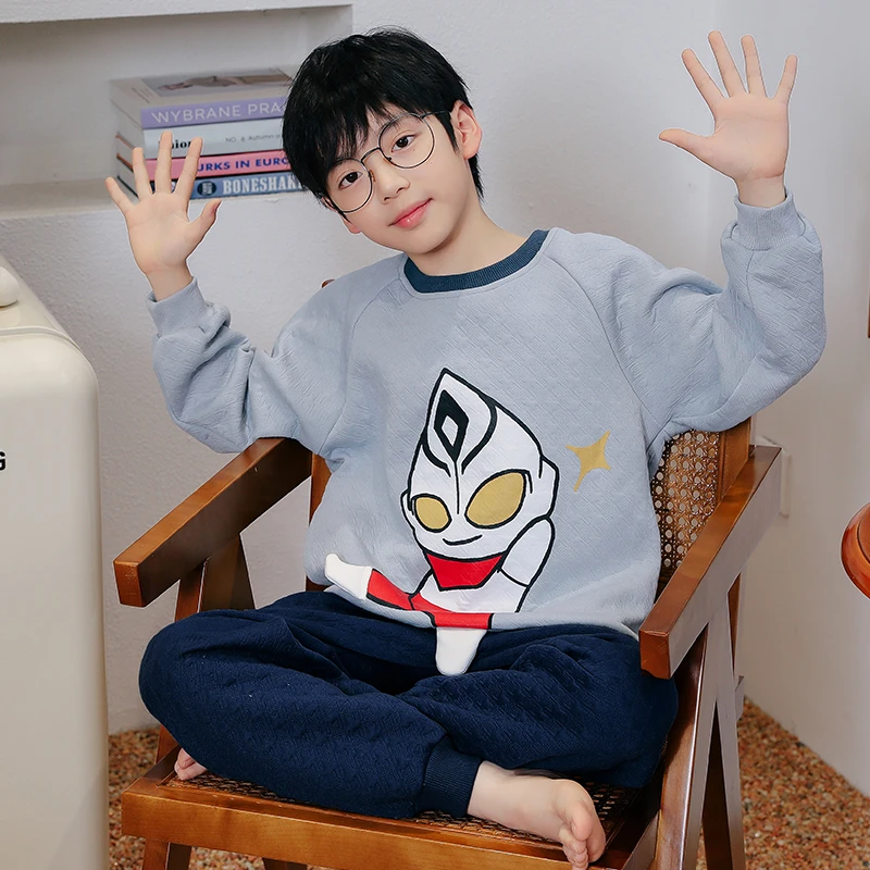 奥特曼男童睡衣秋款2024新款宝宝青少年男孩三层夹棉加厚保暖套装