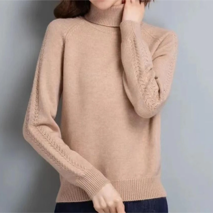 女士100％纯羊毛衫半高领秋冬套头纯色加厚针织衫百搭打底毛衣外穿
