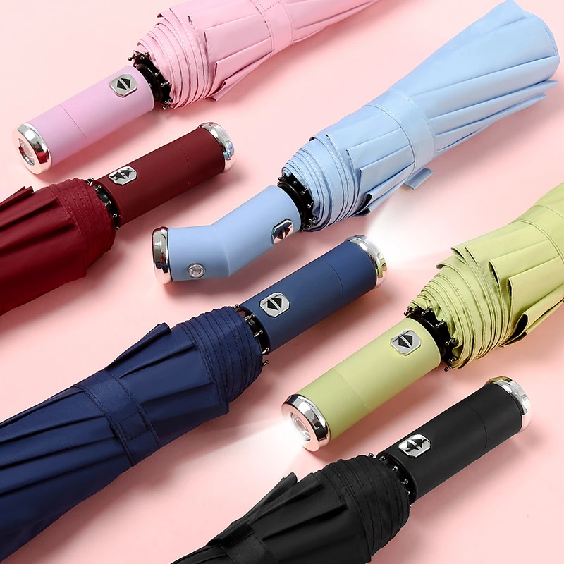 雨伞夜行电筒10骨全自动黑胶布晴雨两用配色旋转LED灯手电筒雨伞