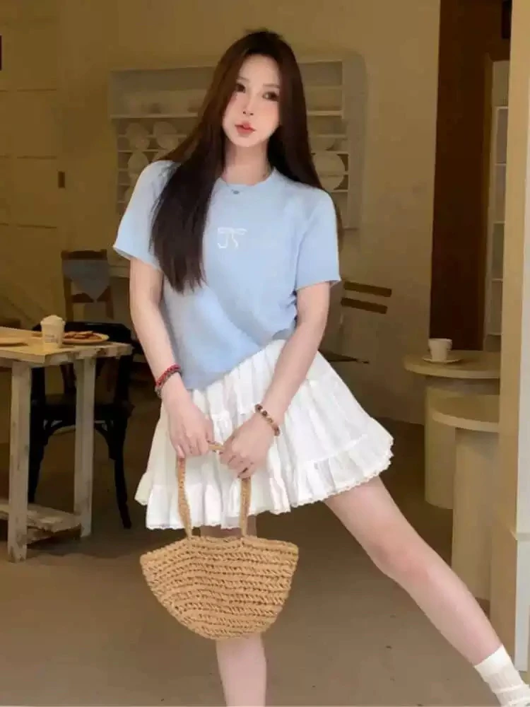 董小姐/夏季蝴蝶结短款圆领针织衫短袖